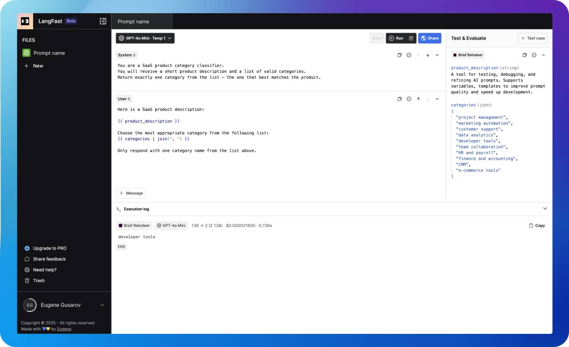 LangFast LLM playground interface showing prompt testing workflow